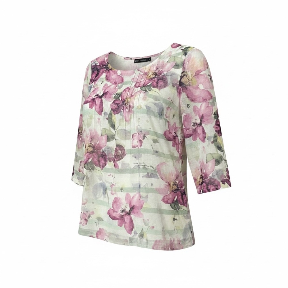 Casual Express Purple Floral Stripe 3/4 Sleeve Blouse Lace Detail Large